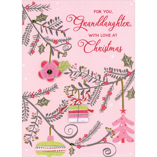 3D Pink Flower, Gift with Red and White String, Gold Foil and Sequins Hand Crafted Christmas Card for Granddaughter: For You, Granddaughter, with love at Christmas