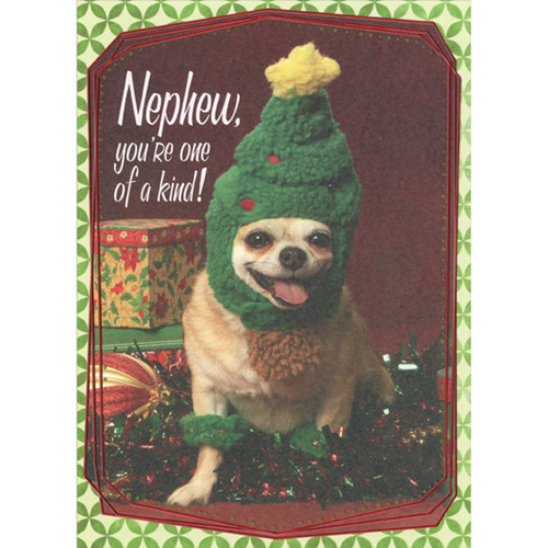 Photo of Dog Wearing Green Tree Hat with Yellow Star Funny / Humorous Christmas Card for Nephew: Nephew, You're one of a kind!