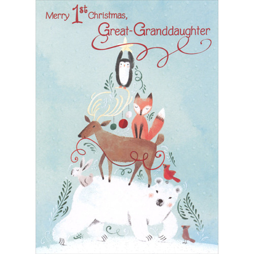 Animal Pyramid: Polar Bear, Deer, Fox and Penguin in Tree Shape First / 1st Christmas Card for Great-Granddaughter: Merry 1st Christmas, Great-Granddaughter