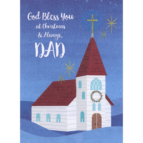 Church with Blue Windows and Gold Cross Against Dark Blue Sky Inspirational Christmas Card for Dad: God Bless You at Christmas and Always, Dad