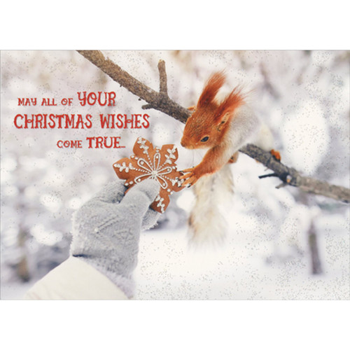 Squirrel on Branch Grabbing Snowflake Cookie Photo Humorous / Funny Christmas Card: May all of your Christmas wishes come true…