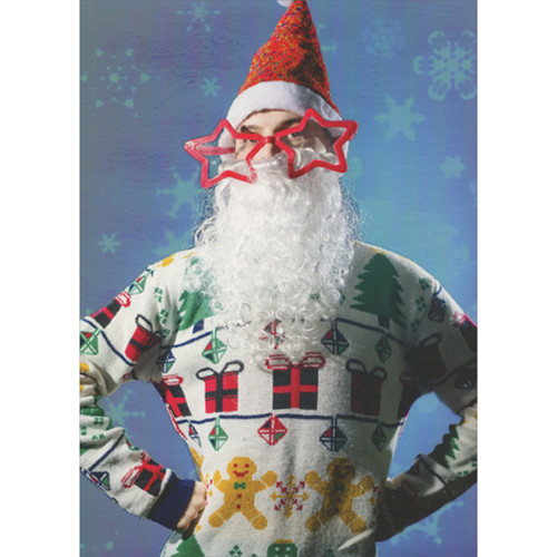 Man Wearing Santa Hat, Star Glasses, Beard and Ugly Sweater Photo Humorous / Funny Christmas Card