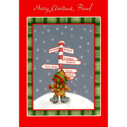 Bear Looking at Pole Signs: North Pole, London, Madrid, New York Christmas Card for Friend: Merry Christmas, Friend