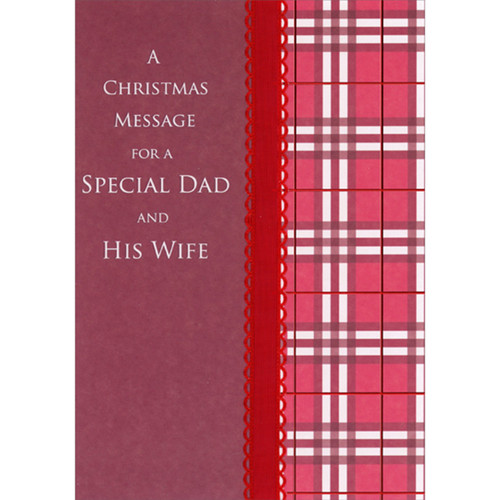 Vertical Red Ribbon Over Tartan Patterns and Thin Red Foil Lines Christmas Card for Dad and Wife: A Christmas Message for a Special Dad and his Wife