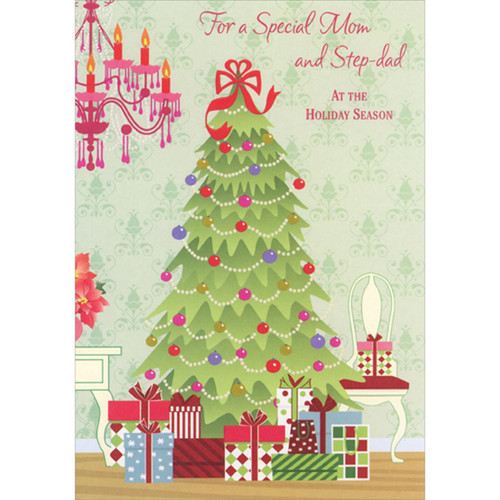 Tall Light Green Tree, Chandelier, Presents and Chair Christmas Card for Mom and Step-Dad: For a Special Mom and Step-dad at the Holiday Season