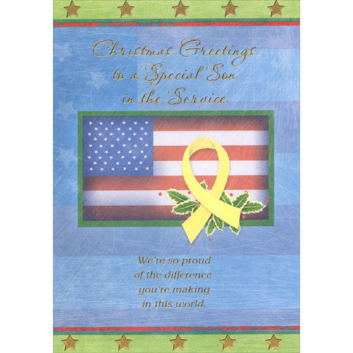 The Difference You're Making: US Flag and Yellow Ribbon on Blue Christmas Card for Son in the Service: Christmas Greetings to a Special Son in the Service - We're so proud of the difference you're making in this world.