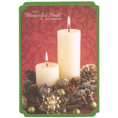 Two Lit Candles on Pine Cone and Basket of Branches Religious Christmas Card for Priest: For a Wonderful Priest at Christmas