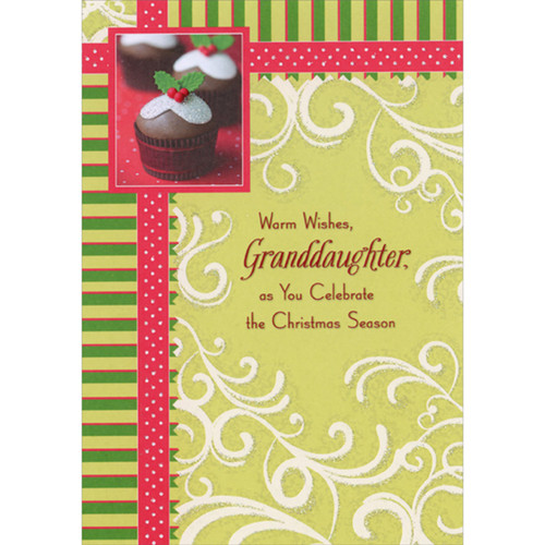 Photo of Cupcake with Holly Decoration Over Red Sparkle Border Christmas Card for Granddaughter: Warm Wishes, Granddaughter, as You Celebrate the Christmas Season