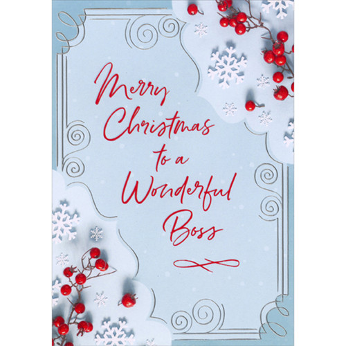 Holly Berries and Snowflake Borders on Light Blue Christmas Card for Boss: Merry Christmas to a Wonderful Boss