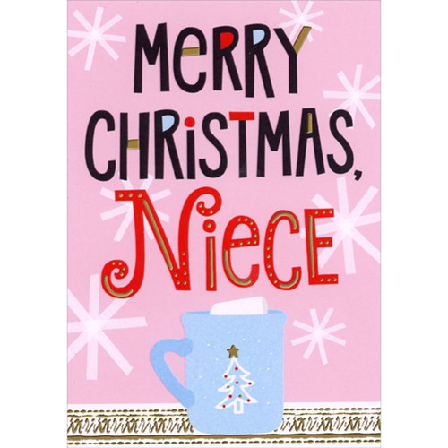 Blue Mug with Tree and Gold Star on Pink Christmas Card for Teen / Teenage Niece: Merry Christmas, Niece