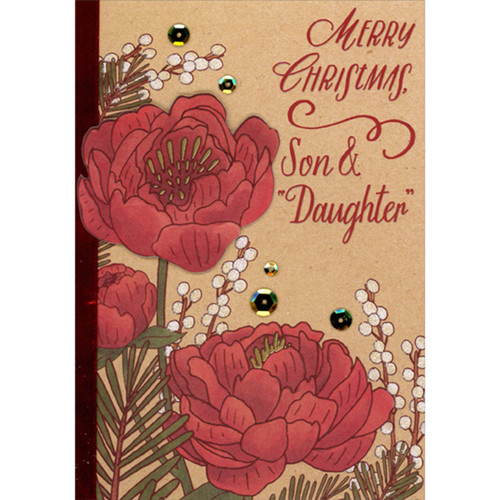 Dark Red 3D Die Cut Flower, Gold Sequins, Foil and Red Ribbon on Light Brown Christmas Card for Son and 'Daughter': Merry Christmas, Son and 'Daughter'