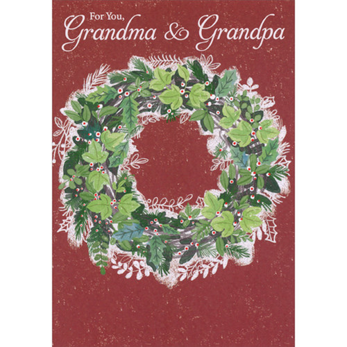 Glitter Accented Wreath on Burgundy Christmas Card for Grandma and Grandpa: For You, Grandma and Grandpa