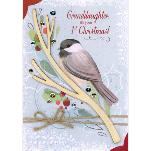 Bird on 3D Die Cut Branch, Brown Twine with Bow and Sequins 1st / First Hand Decorated Christmas Card for Granddaughter: Granddaughter, it's your 1st Christmas!