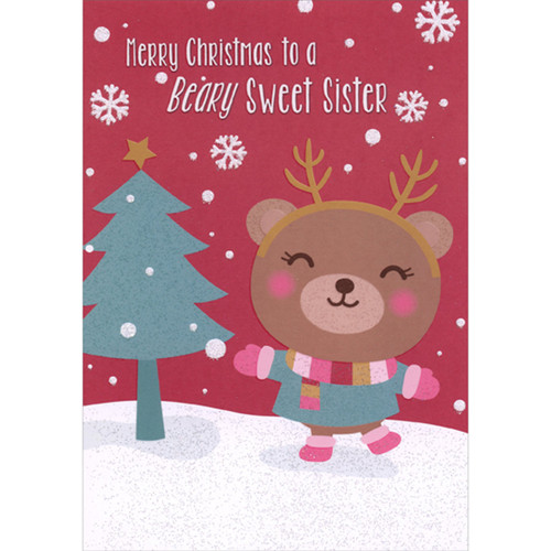 Beary Sweet Sister: Bear Wearing Antlers and Blue Coat Juvenile Christmas Card for Sister: Merry Christmas to a Beary Sweet Sister