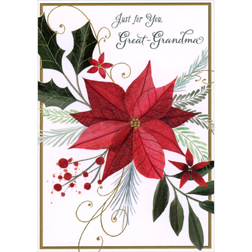 Large Poinsettia with Thin Gold Foil Vines and Border Christmas Card for Great-Grandma: Just for You, Great-Grandma