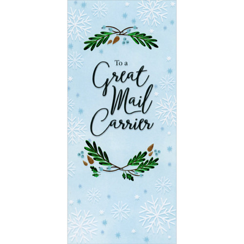 Two Branches with Green Foil Leaves on Light Blue Holiday Card Money Holder / Gift Card Holder for Mail Carrier: To a Great Mail Carrier