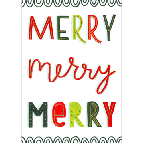 Red and Green Lettered Merry Merry Merry on White Gift Holder / Money Holder Christmas Card: Merry merry Merry