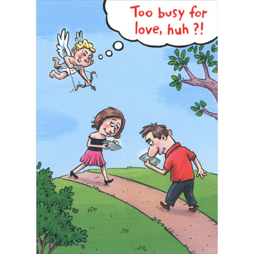 Cupid Flying Above Couple Walking and Staring at Phones Humorous / Funny Valentine's Day Card: Too busy for love, huh?!