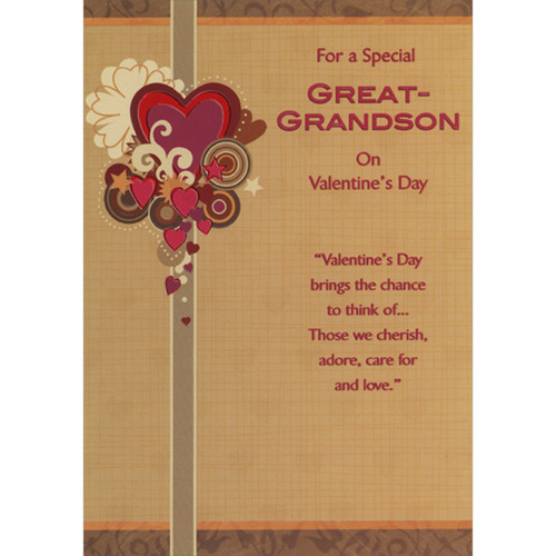 Red Foil Outlined Hearts and Circles on Vertical Column Valentine's Day Card for Great-Grandson: For a Special Great-Grandson on Valentine's Day - Valentine's Day brings the chance to think of… Those we cherish, adore, care for and love.