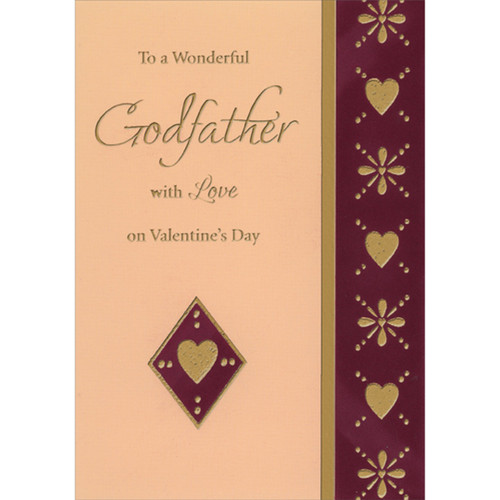 Gold Foil Hearts and Flowers on Burgundy Flocking Valentine's Day Card for Godfather: To a Wonderful Godfather with Love on Valentine's Day