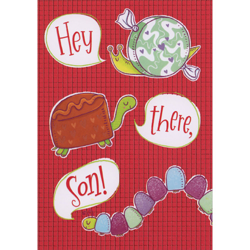 Cute Candy Snail, Turtle and Centipede on Red Grid Juvenile Valentine's Day Card for Son: Hey there, Son!
