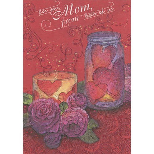 Heart Shapes on Candle and Jar, Purple Flowers on Dark Red Valentine's Day Card for Mom from Both of Us: for you, Mom, from both of us