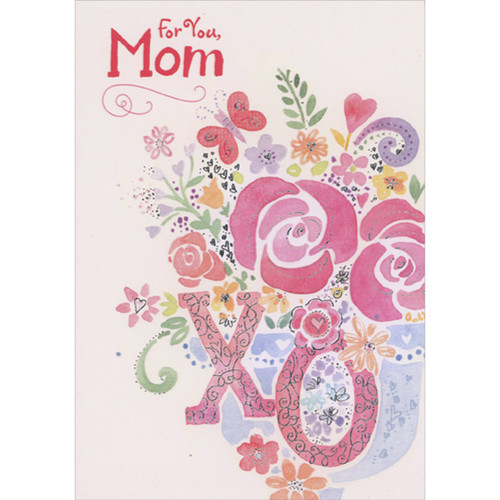 Pink, Blue and Yellow Watercolor Flowers, Butterfly, X and O Valentine's Day Card for Mom: For You, Mom