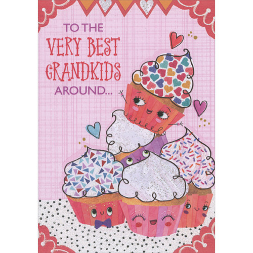 Five Cute Smiley Faced Sparkling Cupcakes on Polka Dot Base Juvenile Valentine's Day Card for Grandkids: To the Very Best Grandkids Around…