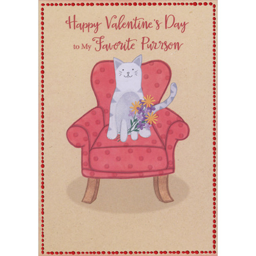 White and Gray Cat Sitting on Chair: Purple and Yellow Flowers Valentine's Day Card from Cat: Happy Valentine's Day to My Favorite Person