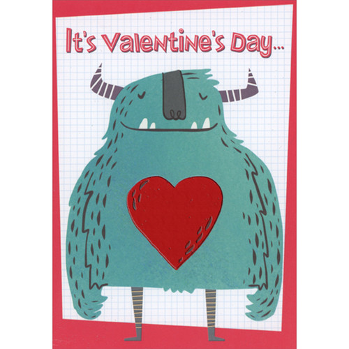 Blue Monster with Horns and Red Foil Heart Cute Juvenile Valentine's Day Card for Kid / Child: It's Valentine's Day…