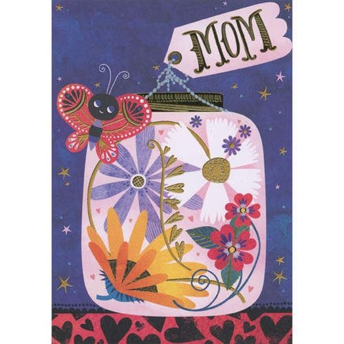 Jar Filled with Flowers, Cute Red and Black Butterfly and Mom Name Tag Juvenile Valentine's Day Card for Mom: Mom