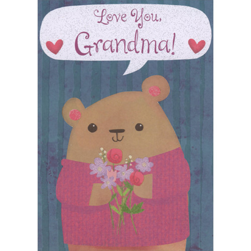 Cute Bear in Pink Sweater Holding Sparkling Purple and Pink Flowers Juvenile Valentine's Day Card for Grandma: Love You, Grandma!