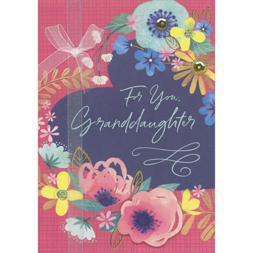 Pink 3D Tip On Flower and White Ribbon Over Floral Bordered Blue Heart Shape Hand Decorated Valentine's Day Card for Granddaughter: For You, Granddaughter