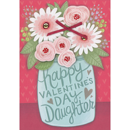Three Pink 3D Tip On Flowers and Red Bow in Light Blue Vase Hand Decorated Valentine's Day Card for Daughter: Happy Valentine's Day Daughter