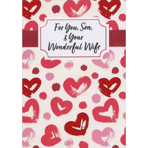 Repeated Pink and Red Hearts and Dots on White Valentine's Day Card for Son and Wife: For You, Son, & Your Wonderful Wife