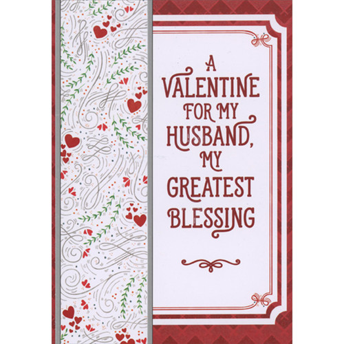 My Greatest Blessings: Thin Swirling Gray Lines, Green Vines and Hearts in Column Religious Valentine's Day Card for Husband: A Valentine for my Husband, my greatest blessing