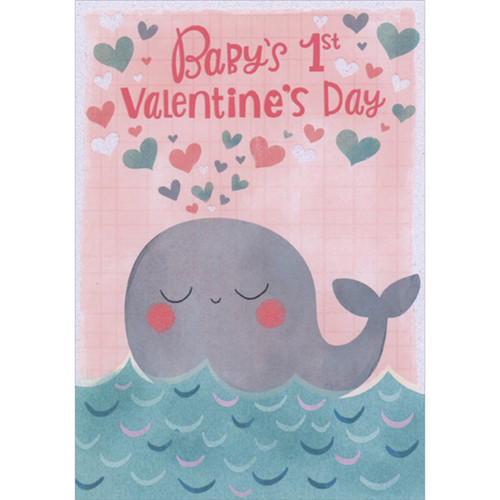 Cute Gray Whale on Blue and Pink Waves Blowing Heart Bubbles into Air First / 1st Valentine's Day Card for Baby: Baby's 1st Valentine's Day