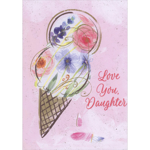 Two Scoop Ice Cream Cone with Colorful Floral Ice Cream on Light Pink Valentine's Day Card for Pre-Teen Daughter: Love You, Daughter