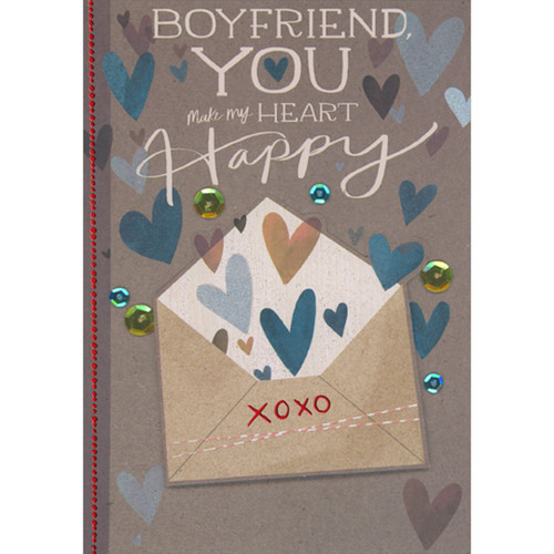 Make My Heart Happy: 3D Die Cut Tip On Envelope, Gold and Blue Sequins on Sandy Brown Background Hand Decorated Valentine's Day Card for Boyfriend: Boyfriend, you make my heart happy