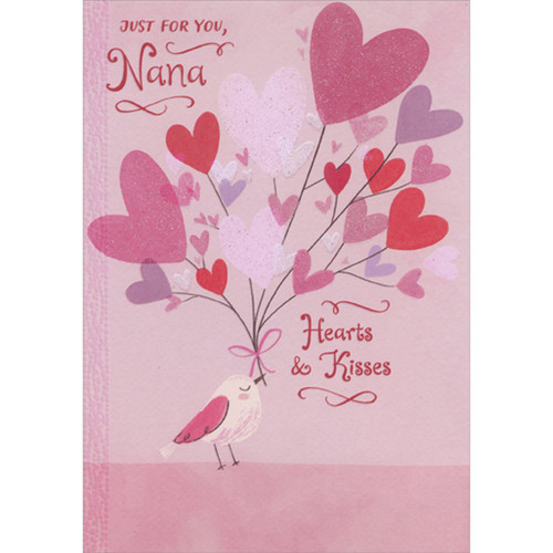 Hearts and Kisses: Bird Holding Bouquet of Pink, Red and Purple Sparkling Hearts Juvenile Valentine's Day Card for Nana: Just for you, Nana - Hearts & Kisses