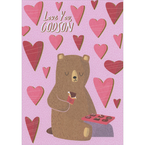 Closed Eye Brown Bear Eating Chocolate Candy Bar with Floating Hearts Juvenile Valentine's Day Card for Godson: Love You, Godson