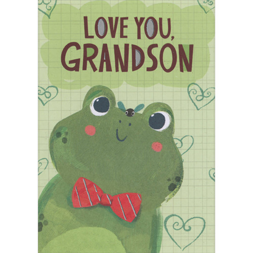 Cute Frog Wearing Red and Silver Bowtie on Light Green Grid Pattern Juvenile Valentine's Day Card for Grandson: Love you, Grandson