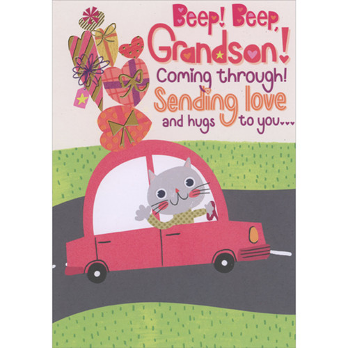 Beep Beep: Cute Gray Kitten Waving While Driving a Red Car Juvenile Valentine's Day Card for Grandson: Beep! Beep! Grandson! Coming through! Sending love and hugs to you…