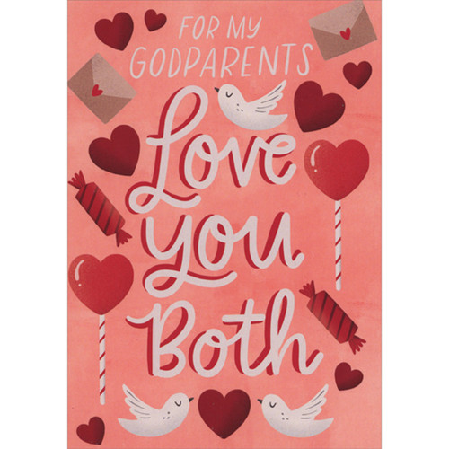 Hearts, Envelopes, Doves and Roll Candies on Peach Background Valentine's Day Card for Godparents: For my Godparents - Love You Both