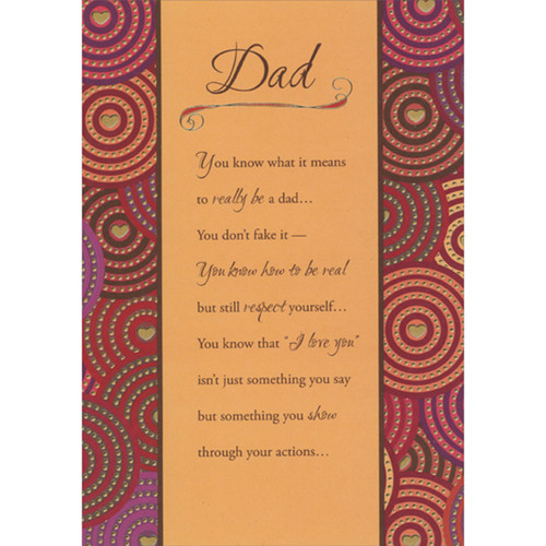 You Know What It Means: Orange, Red and Purple Circular Patterns with Gold Foil Dots and Hearts African American Valentine's Day Card for Dad: Dad - You know what it means to really be a dad… You don't fake it- You know how to be real but still respect yourself… You know that “I love you” isn't just something you say but something you show through your actions…