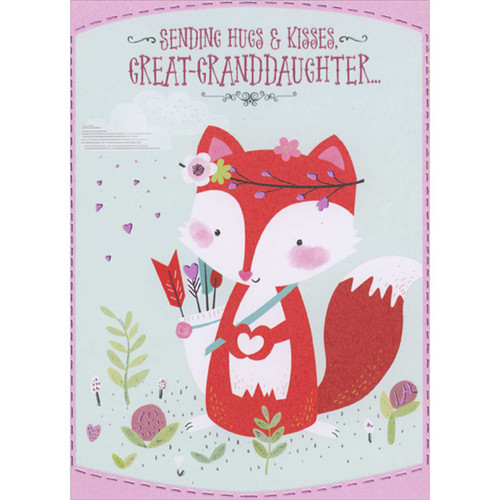 Cute Fox with Floral Head Piece: Sending Hugs and Kisses Juvenile Valentine's Day Card for Young Great-Granddaughter: Sending Hugs & Kisses, Great-Granddaughter