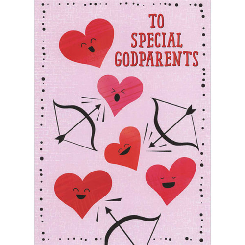 Smiling and Laughing Hearts, Bows and Arrows Juvenile Valentine's Day Card for Godparents: To Special Godparents