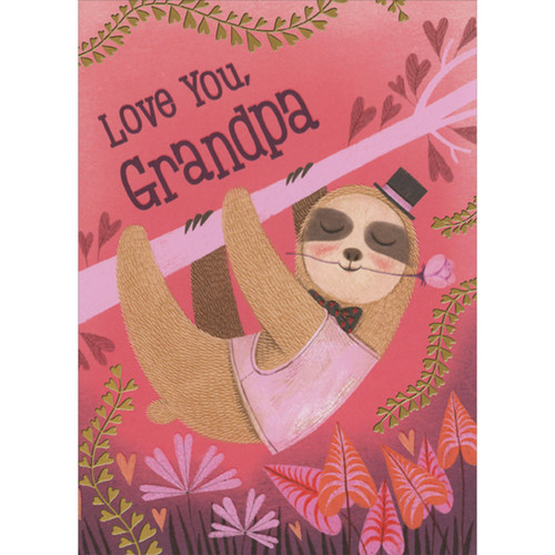 Cute Sloth in Pink Vest Hanging from Pink Branch Juvenile Valentine's Day Card for Grandpa: Love You, Grandpa