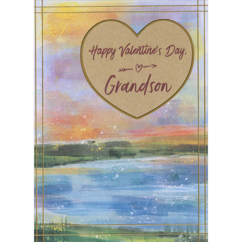 Brown Heart with Thin Foil Frame Over Watercolor Landscape and Lake Valentine's Day Card for Grandson: Happy Valentine's Day, Grandson