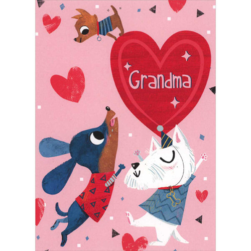 Jumping Blue and White Dogs: Small Brown Dog on Top of Large Red Heart Juvenile Grandma Valentine's Day Card from Grandkids: Grandma